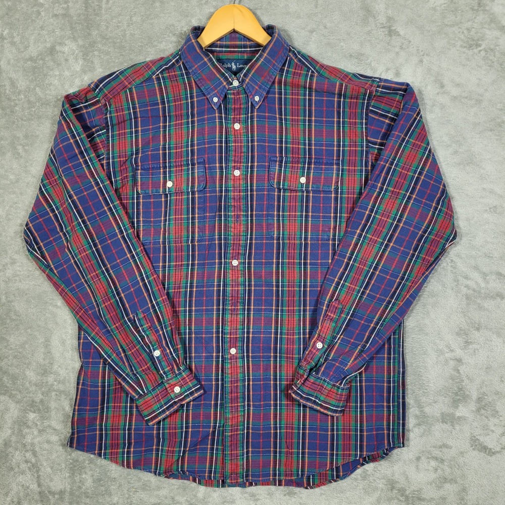 Vintage Ralph Lauren RL Workshirt Mens XL Plaid Button Down Long Sleeve Cotton